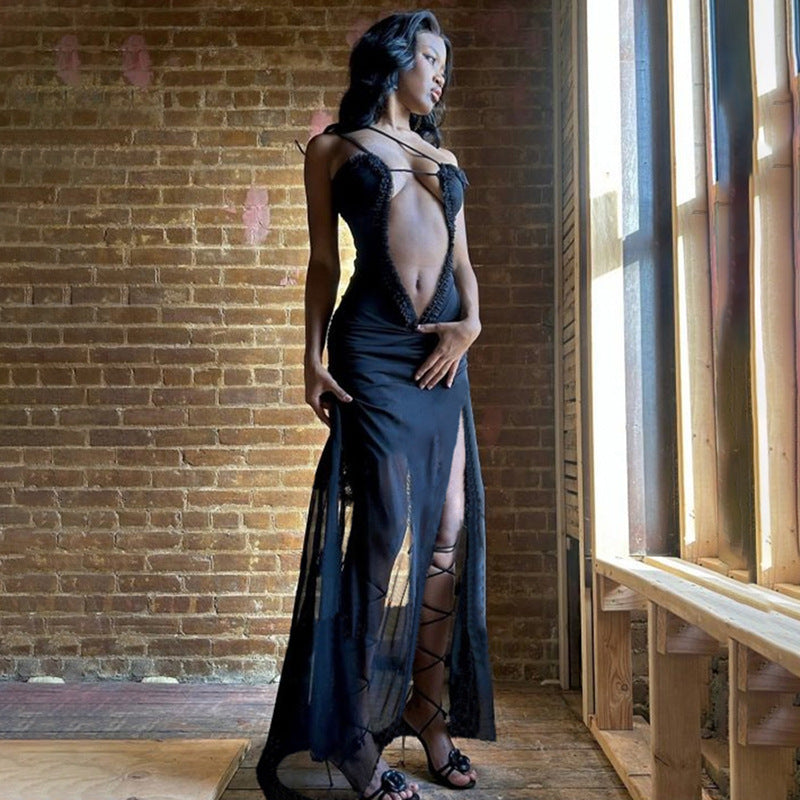 Damernas Elegant Högskurna Maxiklänning med transparenta insatser och unik textur Eva Jonsson-Eva Jonsson