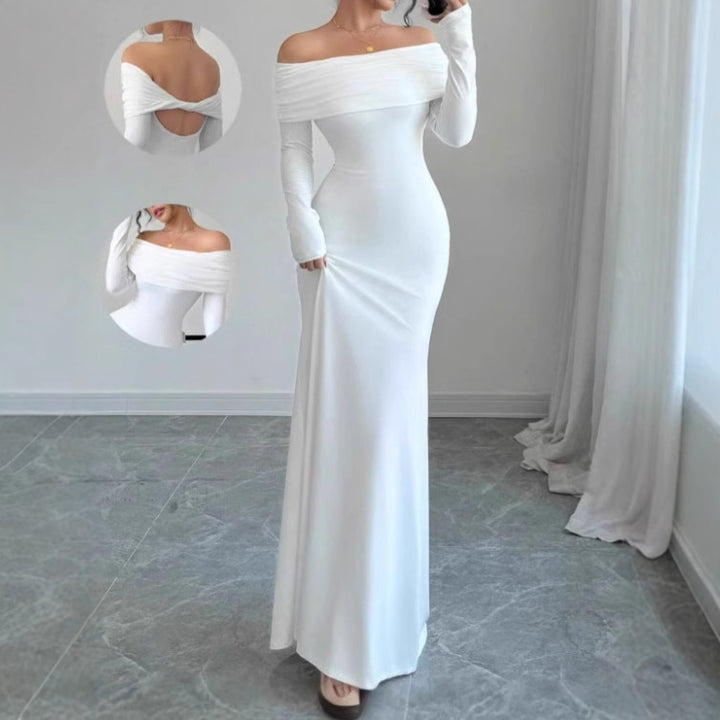 Damernas Elegant Off-Shoulder Maxiklänning med långa ärmar och draperad överdel Mirla-Eva Jonsson