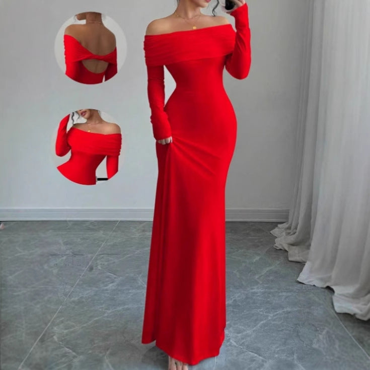 Damernas Elegant Off-Shoulder Maxiklänning med långa ärmar och draperad överdel Mirla-Eva Jonsson