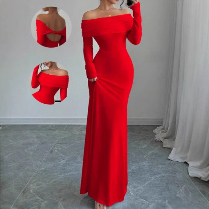 Damernas Elegant Off-Shoulder Maxiklänning med långa ärmar och draperad överdel Mirla-Eva Jonsson