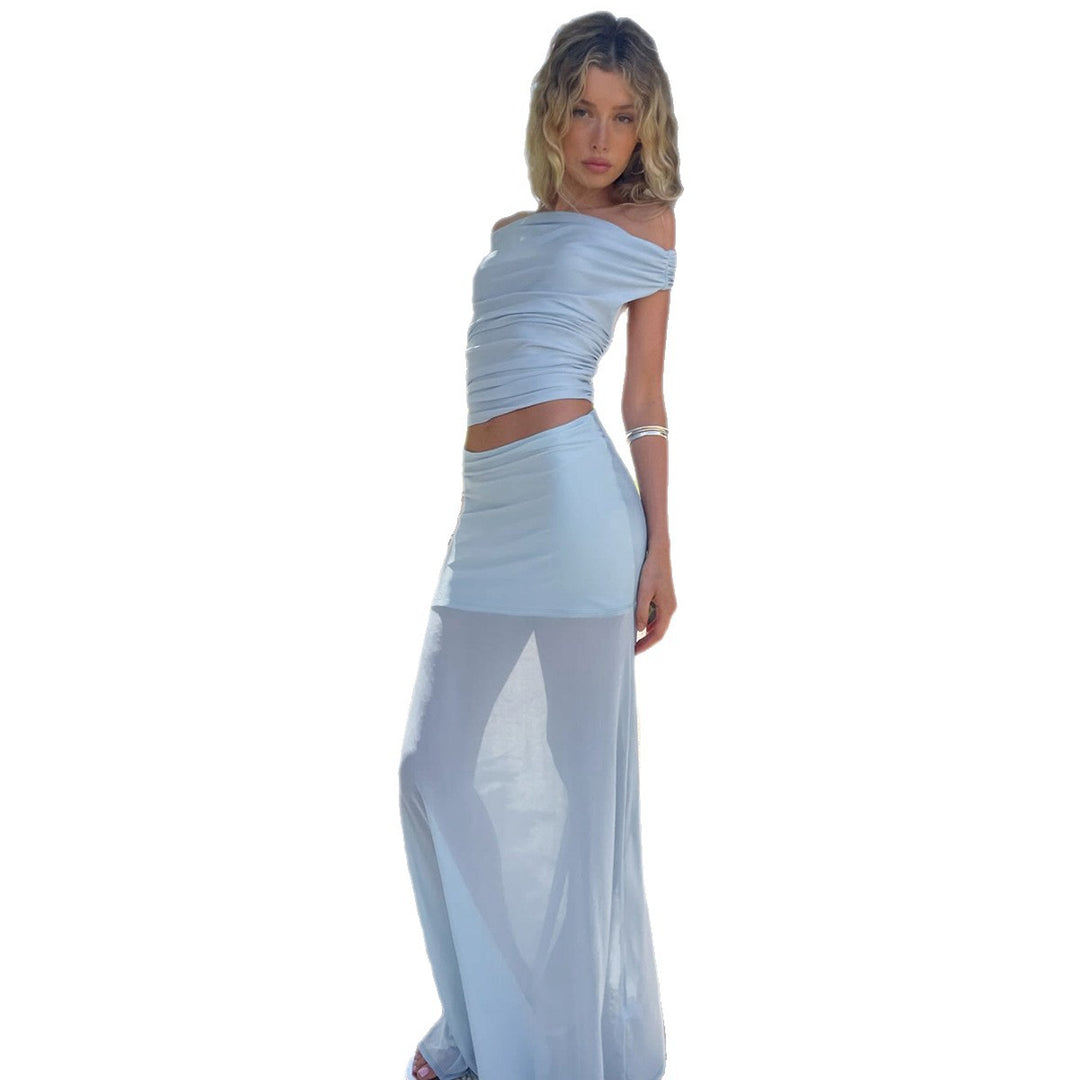 Damernas Elegant Offshoulder Maxi-set med genomskinlig kjol och draperad överdel Mirla-Eva Jonsson