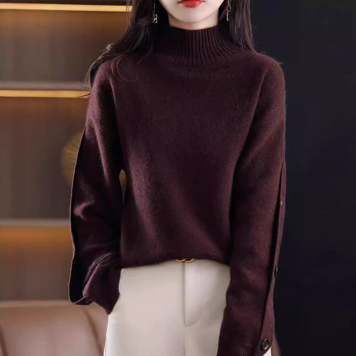 Damernas Elegant ROLLKRAGETRÖJA med knappdetaljer och mjukt material Eva Jonsson-Eva Jonsson