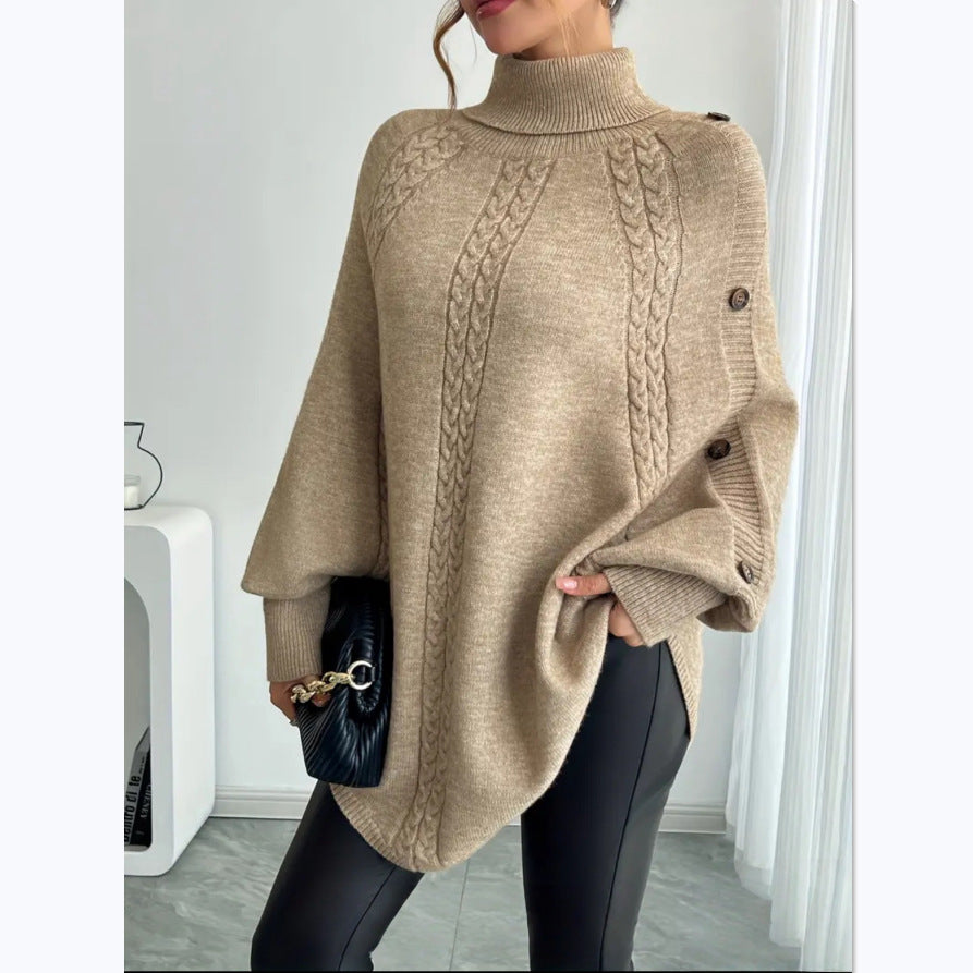 Damernas Elegant Strickponcho med Rullekrage och Flätmönster Mirla-Eva Jonsson