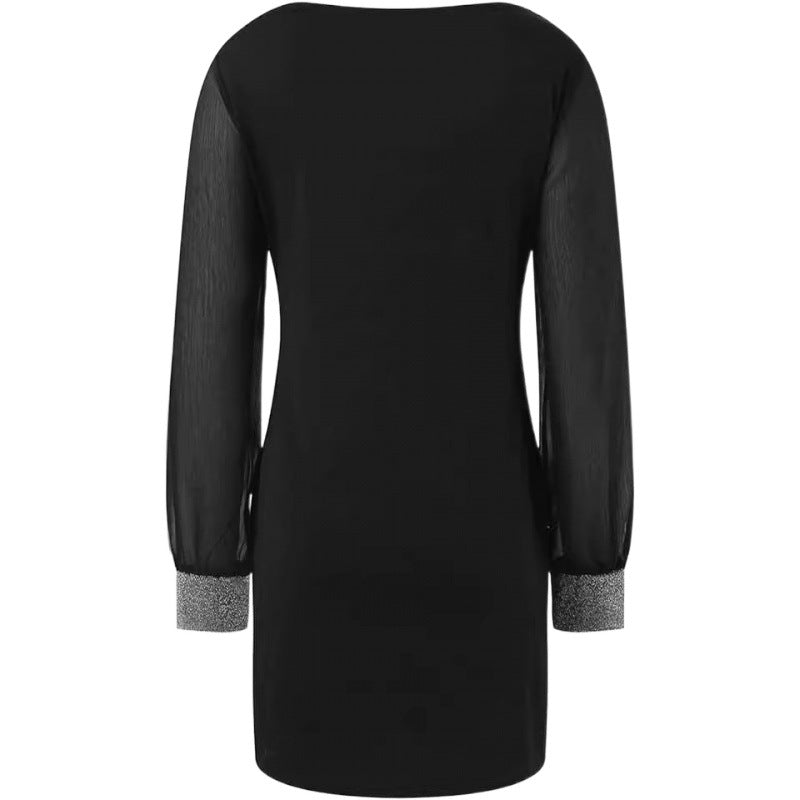 Damernas Elegant V-ringad Miniklädning med transparenta långa ärmar och ädelstensäcken Eva Jonsson-Eva Jonsson
