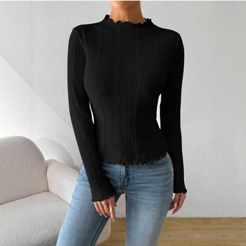 Damernas Eleganta Långärmad T-shirt med Strukturerad Design och Volanger Mirla-Eva Jonsson