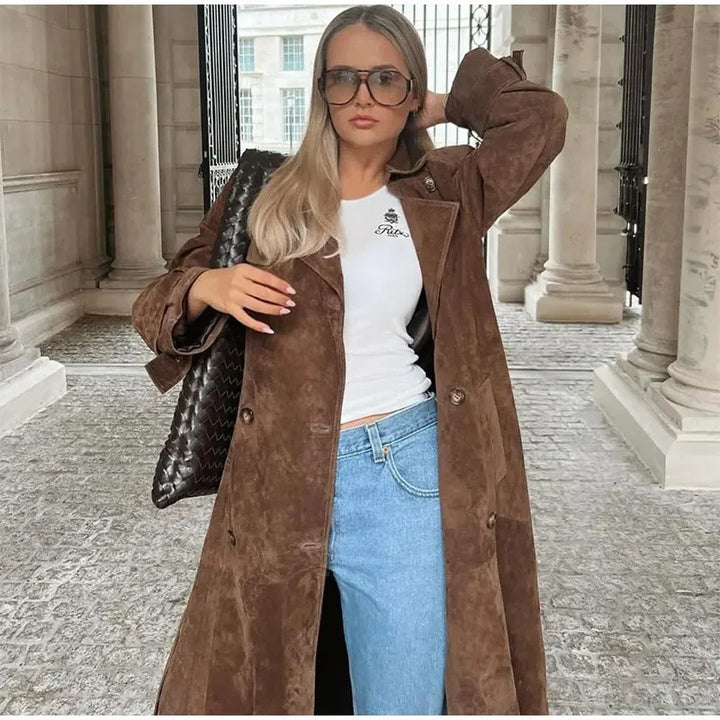 Damernas Eleganta Långjacka i Mocka Mirla-Eva Jonsson