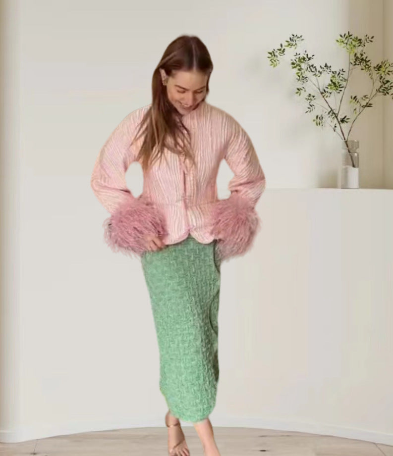 Damernas Eleganta Stickad Jacka med voluminösa Ärmar och fint Mönster Mirla-Eva Jonsson