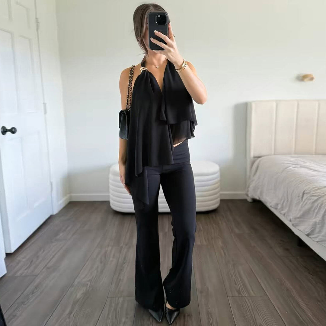 Damernas Flödande Chiffon-topp med elegant V-hals och rynkor Mirla-Eva Jonsson