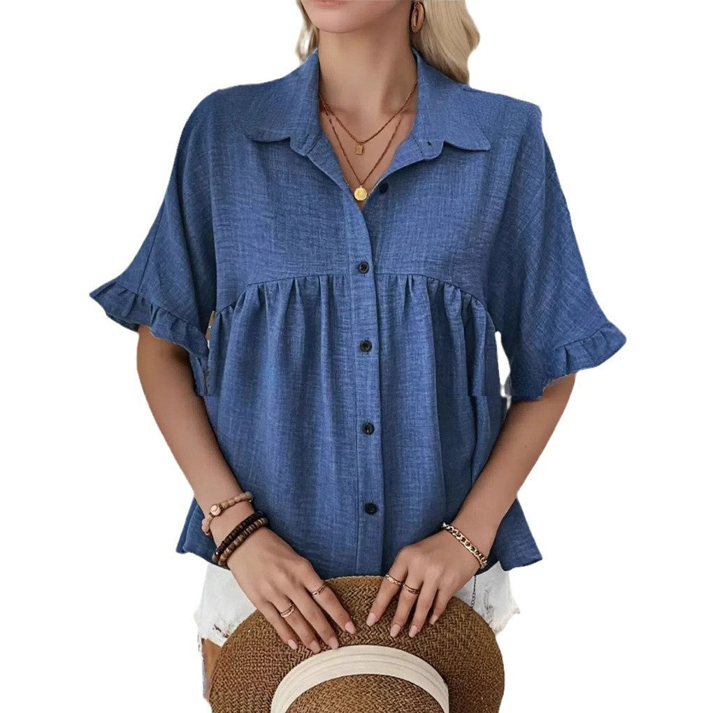 Damernas Flödande kortärmad blus T-shirt med volangdetaljer Mirla-Eva Jonsson