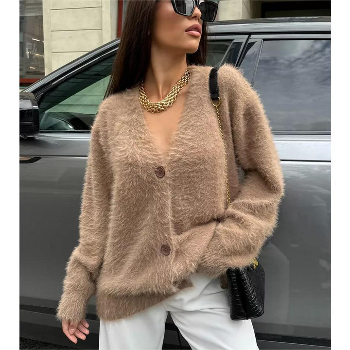 Damernas Fuzzy Cardigan med omslagseffekt och knapprad Eva Jonsson-Eva Jonsson