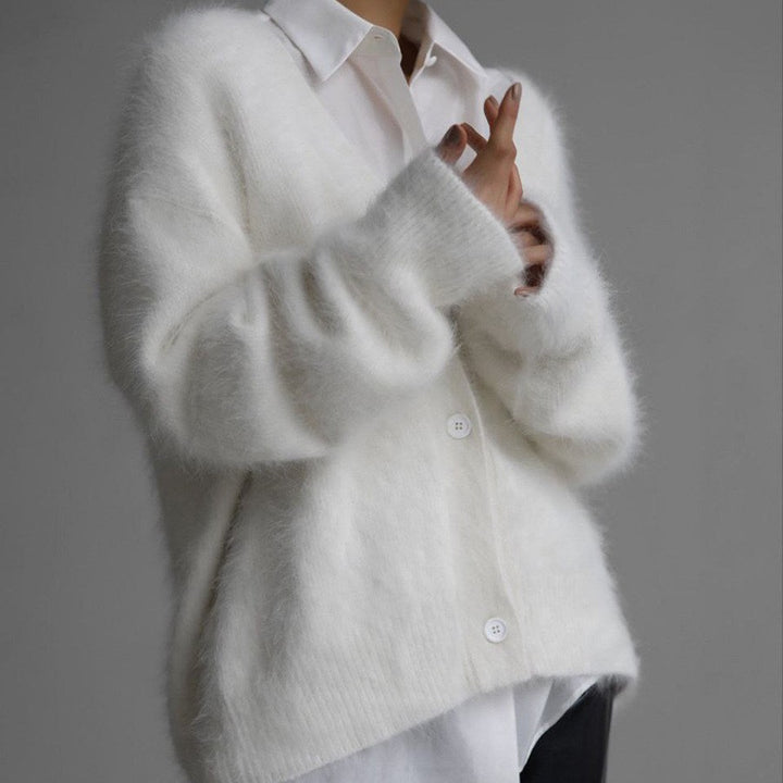 Damernas Fuzzy Cardigan med omslagseffekt och knapprad Eva Jonsson-Eva Jonsson
