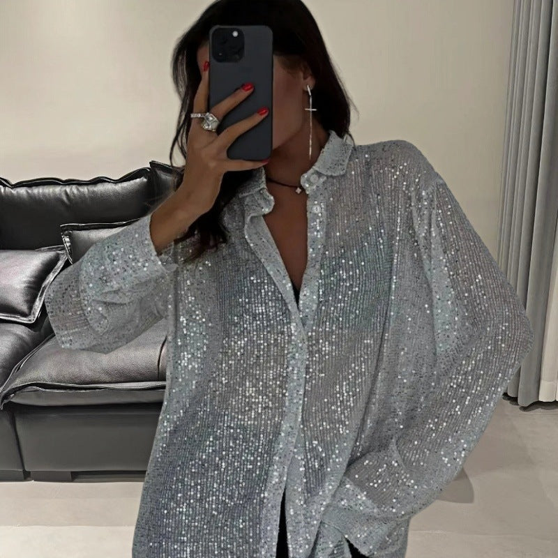 Damernas Glittrande Oversized-Skjorta med Paljetter Mirla-Eva Jonsson
