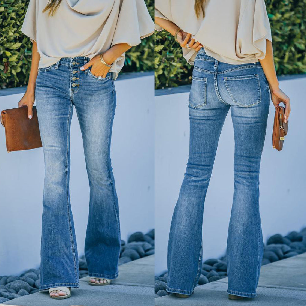 Damernas Högmidjade Utsvängda Jeanskals med dekorativa Knappar Eva Jonsson-Eva Jonsson