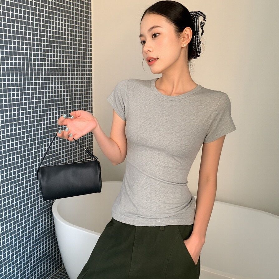 Damernas Kortärmad Rundhals T-shirt Slim Fit Grå-Eva Jonsson