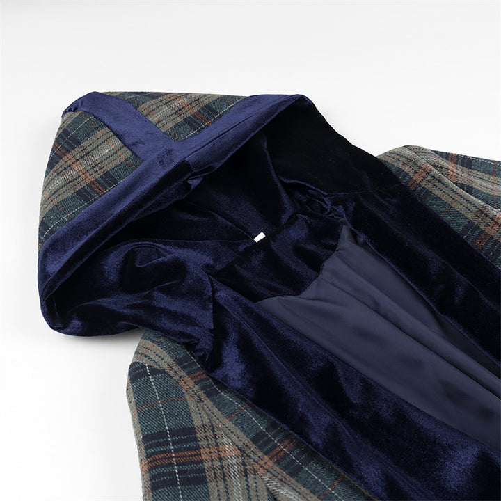 Damernas Lång Blazer med elegant rutmönster och lyxig sammetskrage Eva Jonsson-Eva Jonsson