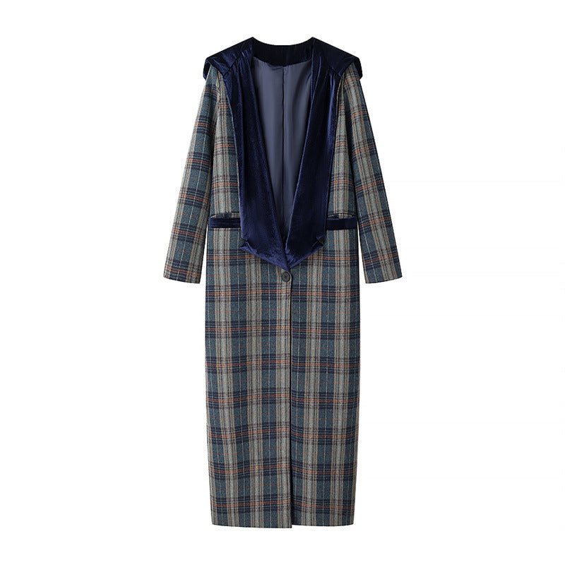 Damernas Lång Blazer med elegant rutmönster och lyxig sammetskrage Mirla-Eva Jonsson