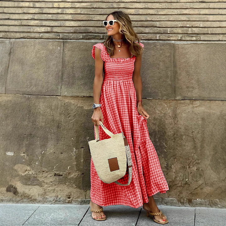 Damernas Långt Gingham-Maxi-Klänning med Volang Eva Jonsson-Eva Jonsson