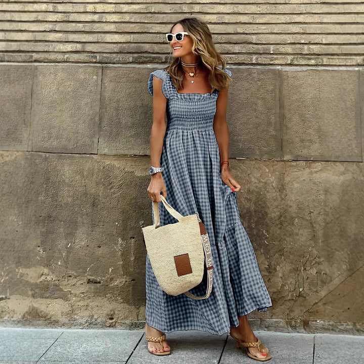 Damernas Långt Gingham-Maxi-Klänning med Volang Eva Jonsson-Eva Jonsson