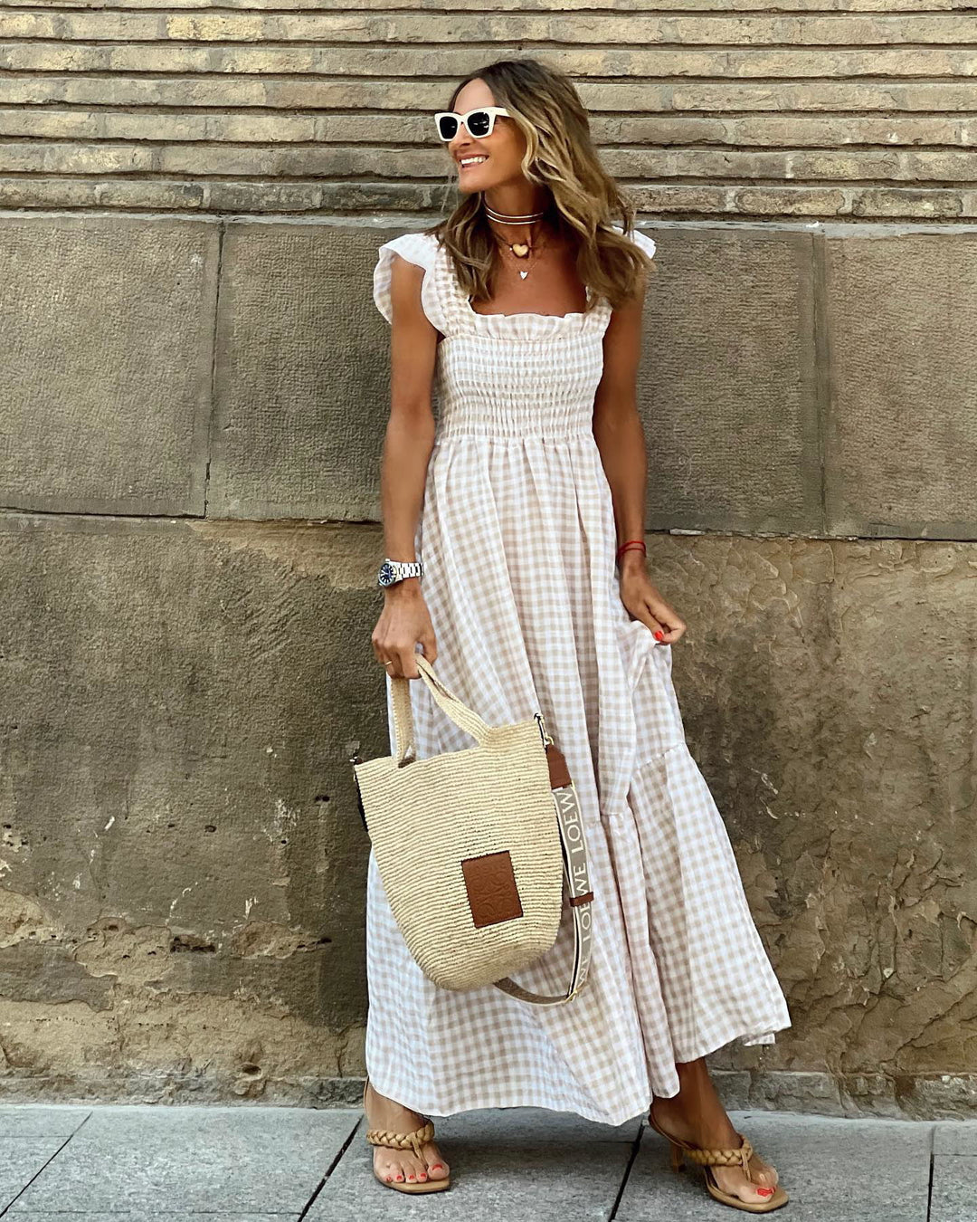 Damernas Långt Gingham-Maxi-Klänning med Volang Eva Jonsson-Eva Jonsson