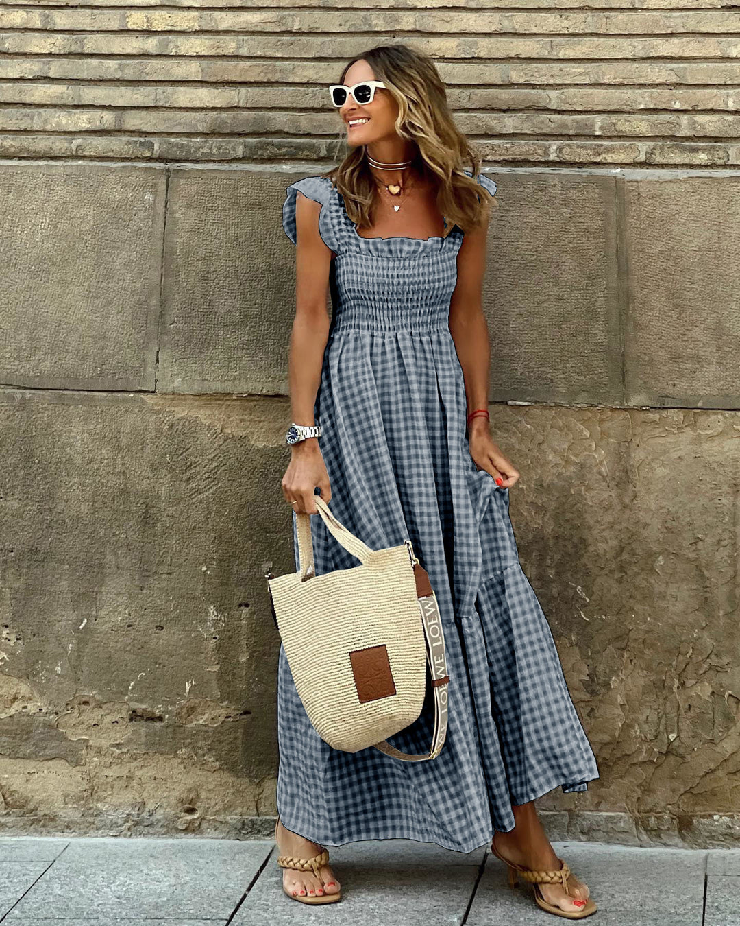 Damernas Långt Gingham-Maxi-Klänning med Volang Eva Jonsson-Eva Jonsson