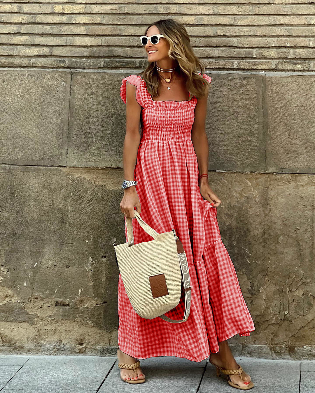 Damernas Långt Gingham-Maxi-Klänning med Volang Eva Jonsson-Eva Jonsson