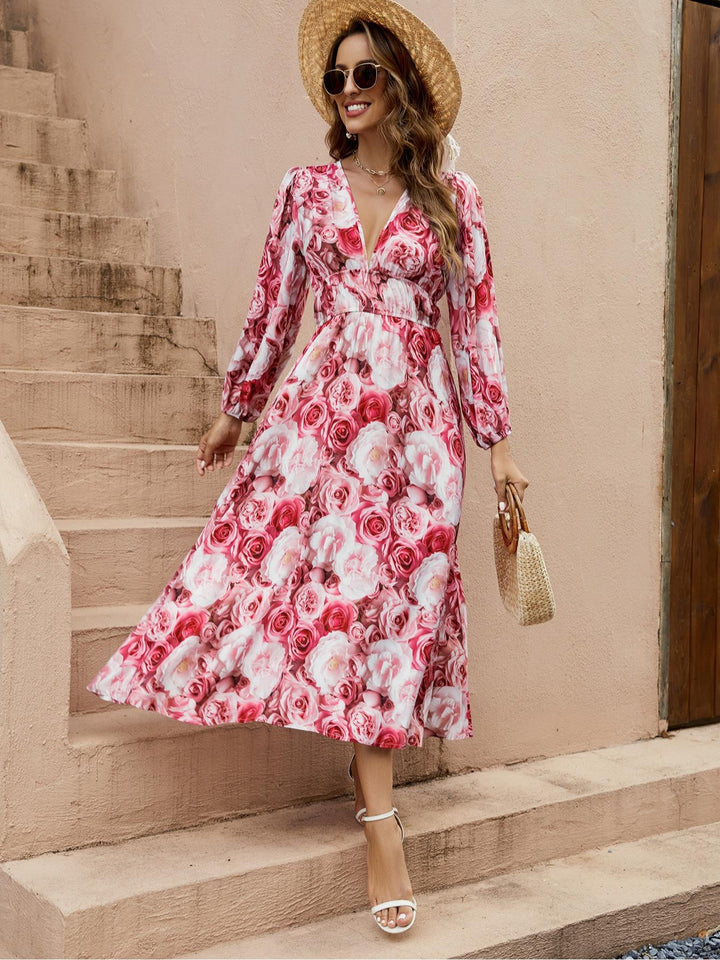 Damernas Långt Sommarklänning med flödande snitt och botaniskt ros-mönster Eva Jonsson-Eva Jonsson