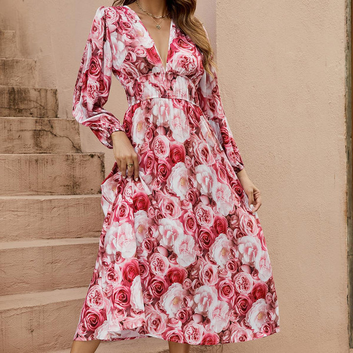 Damernas Långt Sommarklänning med flödande snitt och botaniskt ros-mönster Eva Jonsson-Eva Jonsson