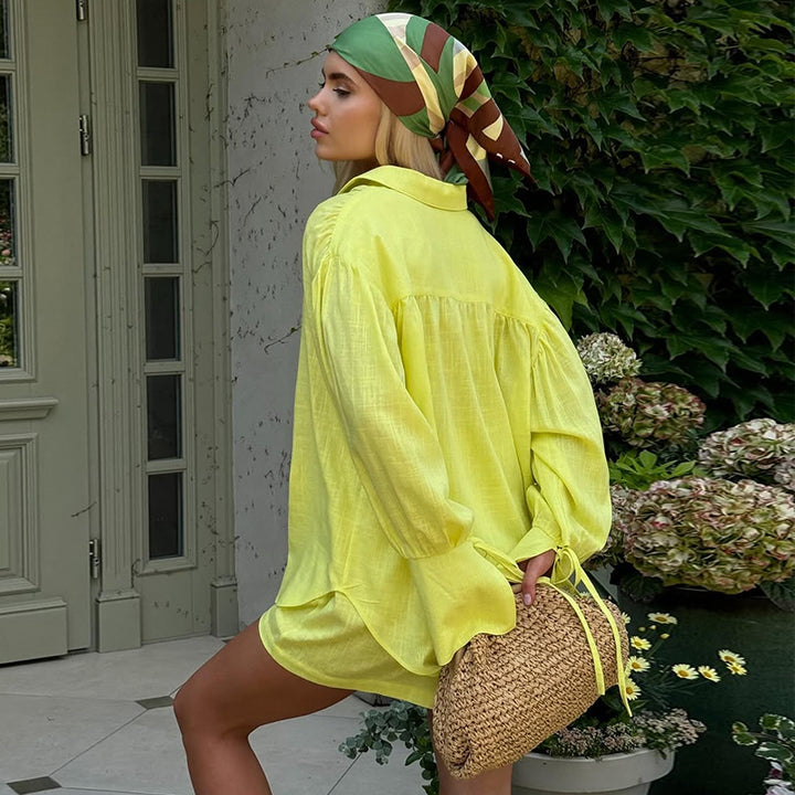 Damernas Lätt Linne-Loungewear-Kombination med avslappnad Shorts och oversized Skjorta Mirla-Eva Jonsson