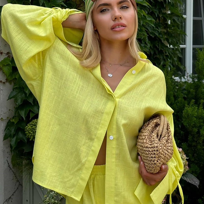 Damernas Lätt Linne-Loungewear-Kombination med avslappnad Shorts och oversized Skjorta Mirla-Eva Jonsson
