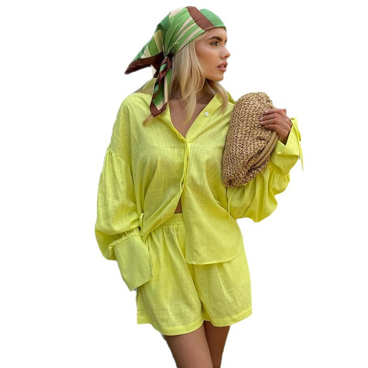 Damernas Lätt Linne-Loungewear-Kombination med avslappnad Shorts och oversized Skjorta Mirla-Eva Jonsson