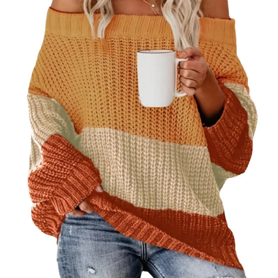 Damernas Lätt Oversize Stickad Tröja med Off-Shoulder-Urrigning och Trendigt Färgblockdesign Eva Jonsson-Eva Jonsson