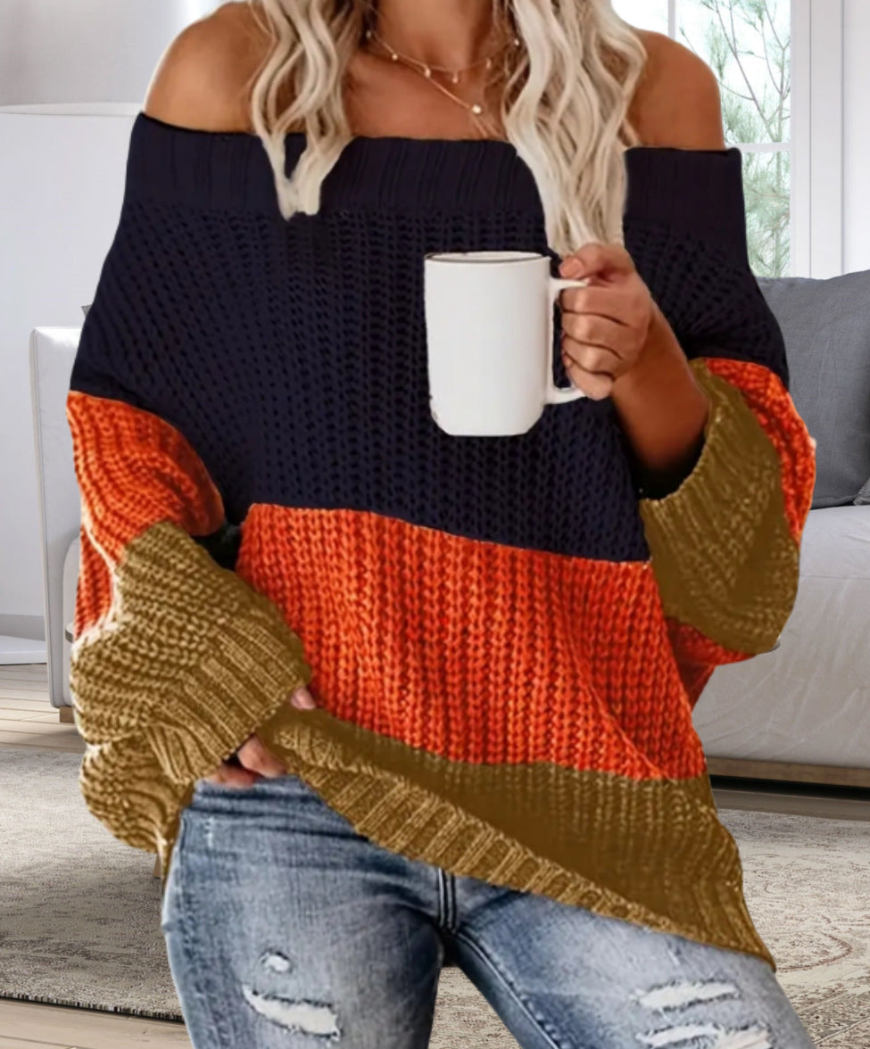 Damernas Lätt Oversize Stickad Tröja med Off-Shoulder-Urrigning och Trendigt Färgblockdesign Eva Jonsson-Eva Jonsson
