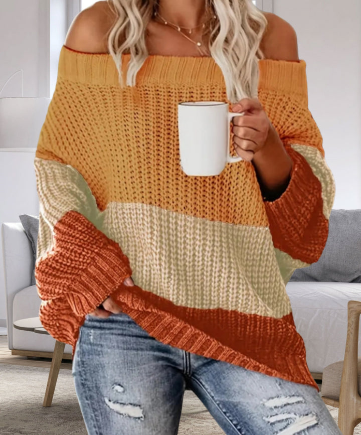 Damernas Lätt Oversize Stickad Tröja med Off-Shoulder-Urrigning och Trendigt Färgblockdesign Eva Jonsson-Eva Jonsson