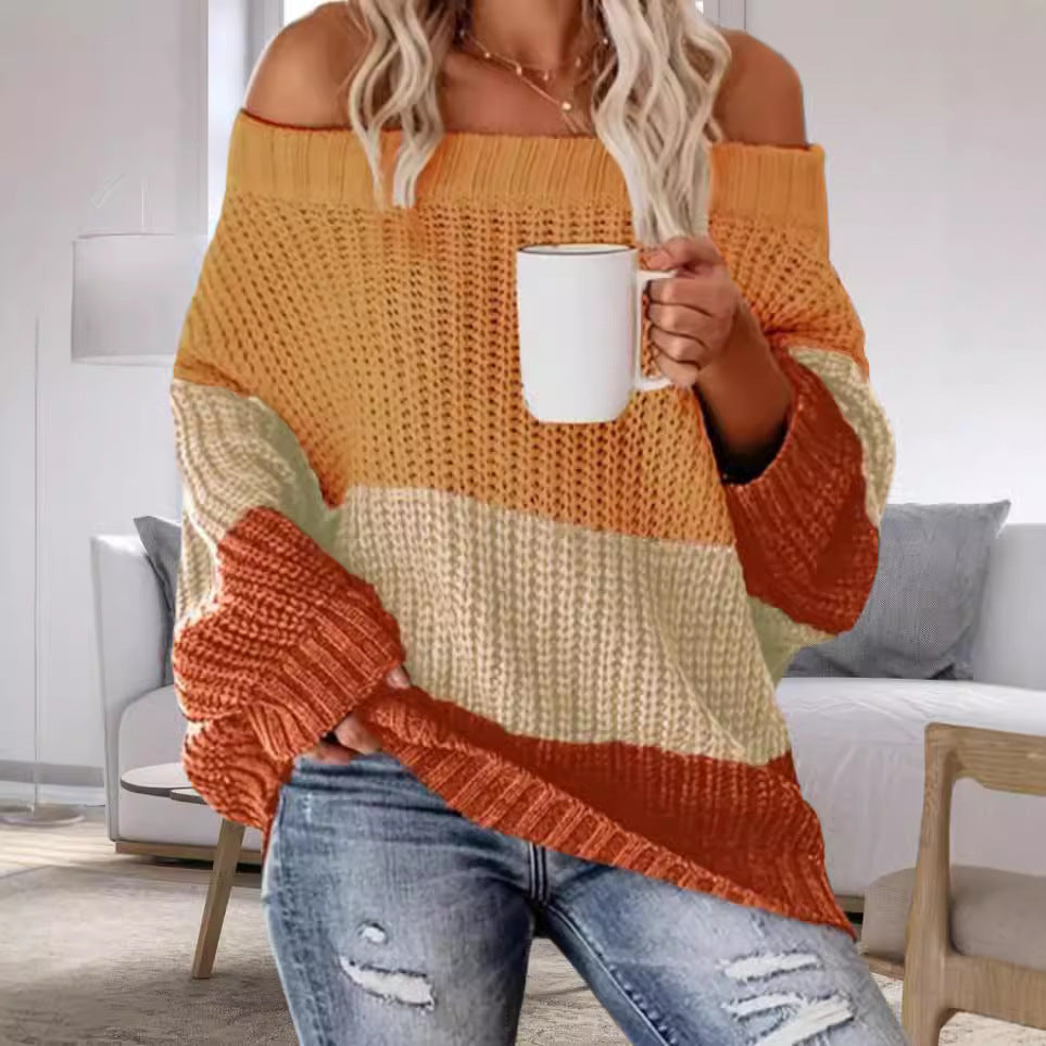 Damernas Lätt Oversize Stickad Tröja med Off-Shoulder-Urrigning och Trendigt Färgblockdesign Mirla-Eva Jonsson