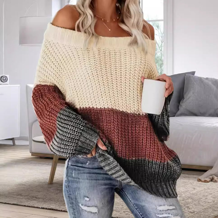 Damernas Lätt Oversize Stickad Tröja med Off-Shoulder-Urrigning och Trendigt Färgblockdesign Mirla-Eva Jonsson