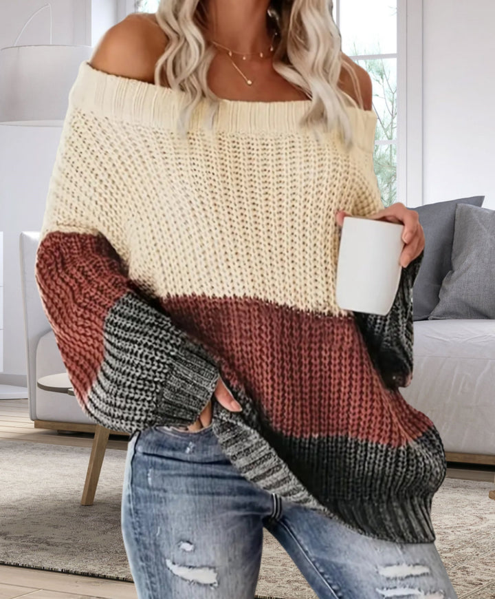 Damernas Lätt Oversize Stickad Tröja med Off-Shoulder-Urrigning och Trendigt Färgblockdesign Mirla-Eva Jonsson
