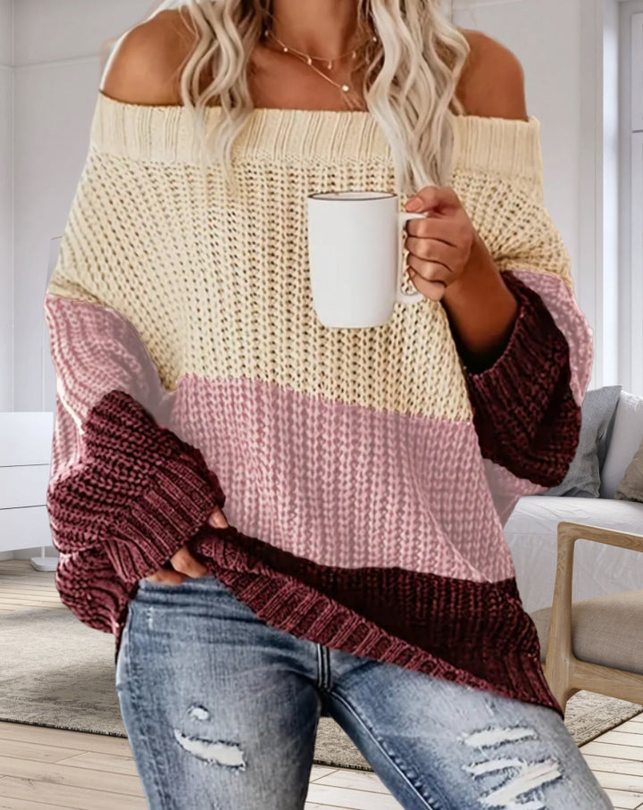 Damernas Lätt Oversize Stickad Tröja med Off-Shoulder-Urrigning och Trendigt Färgblockdesign Mirla-Eva Jonsson