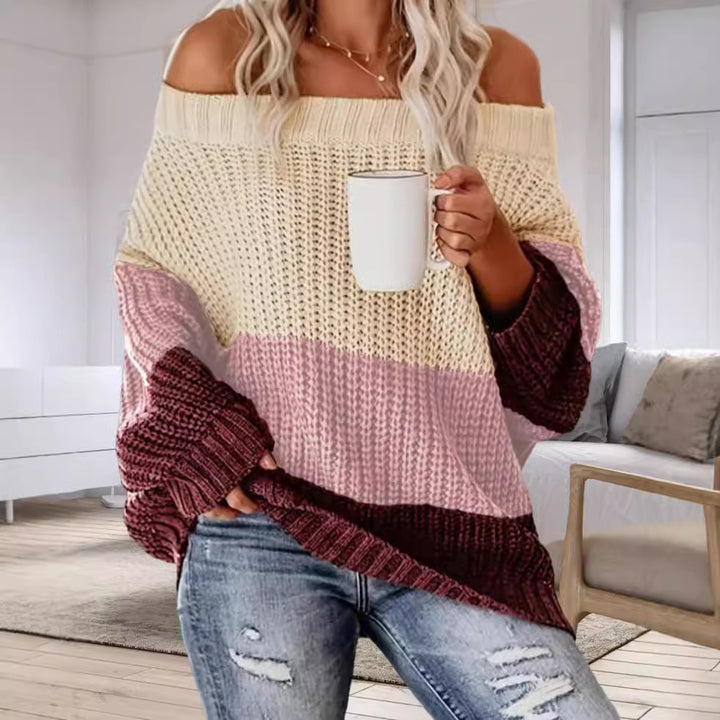 Damernas Lätt Oversize Stickad Tröja med Off-Shoulder-Urrigning och Trendigt Färgblockdesign Mirla-Eva Jonsson