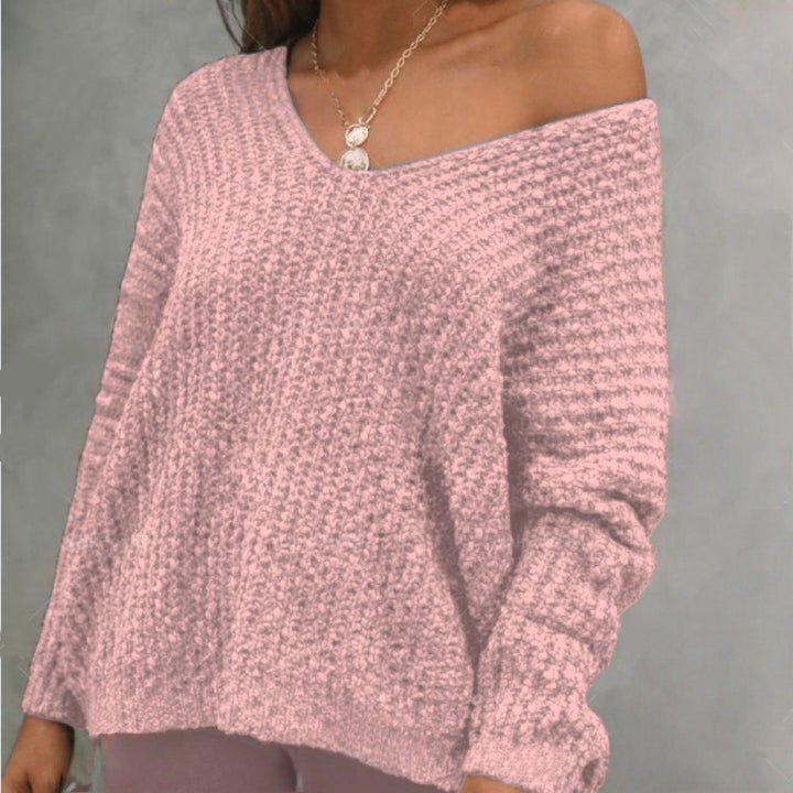 Damernas Lätt oversized stickad tröja med vid V-hals och off-shoulder stil Eva Jonsson-Eva Jonsson