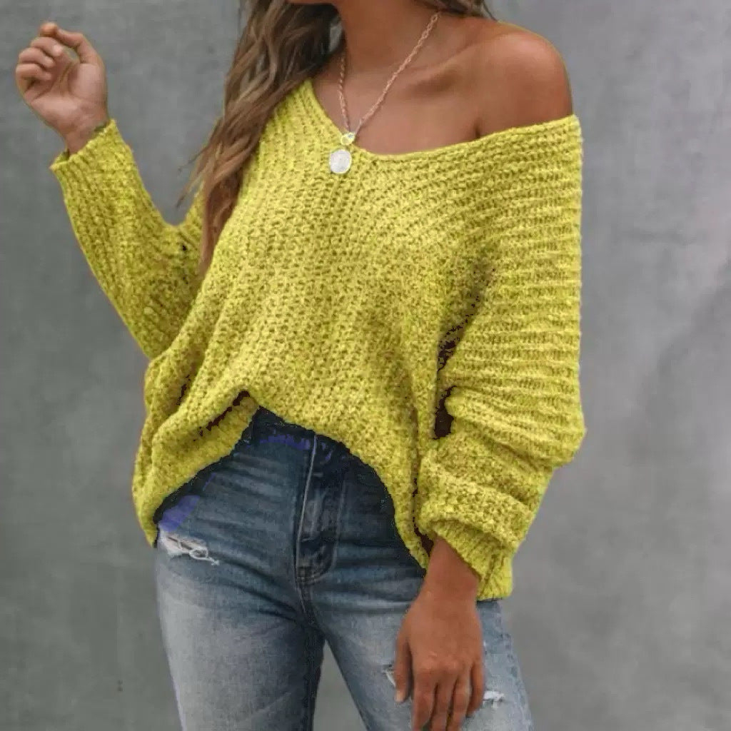 Damernas Lätt oversized stickad tröja med vid V-hals och off-shoulder stil Eva Jonsson-Eva Jonsson