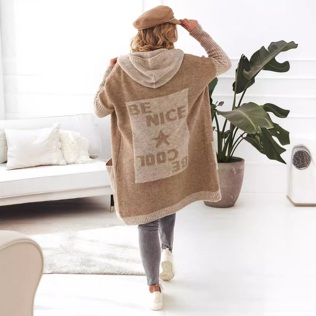 Damernas Lätt stickad kappa med huva och stora fickor Eva Jonsson-Eva Jonsson