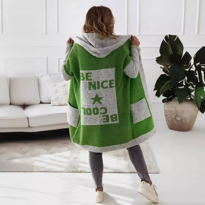 Damernas Lätt stickad kappa med huva och stora fickor Eva Jonsson-Eva Jonsson