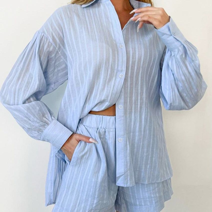 Damernas Lätta Kortärmad Blusset med Bälte och Randigt Design Eva Jonsson-Eva Jonsson