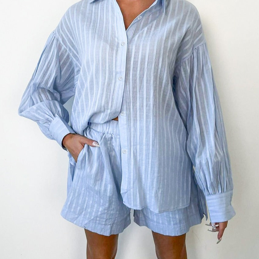 Damernas Lätta Kortärmad Blusset med Bälte och Randigt Design Eva Jonsson-Eva Jonsson