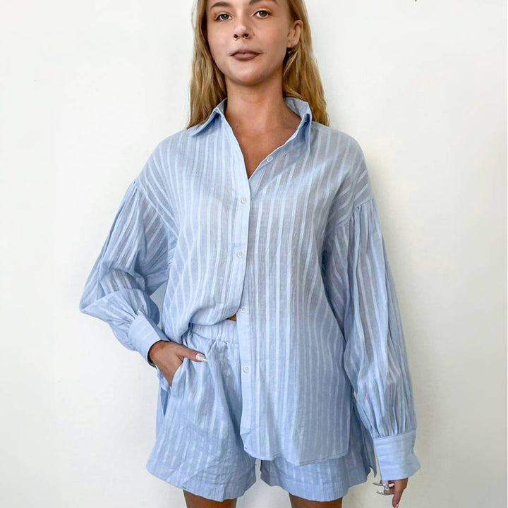 Damernas Lätta Kortärmad Blusset med Bälte och Randigt Design Eva Jonsson-Eva Jonsson