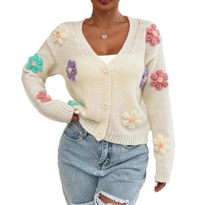 Damernas Lekfull stickad cardigan med handcrochetade blommöster Eva Jonsson-Eva Jonsson