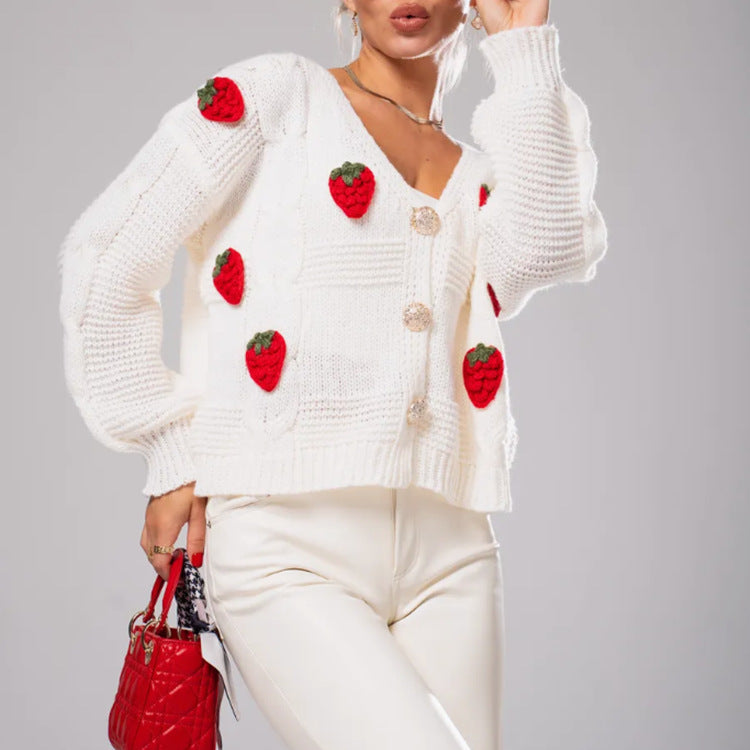 Damernas Lekfull stickad cardigan med körsbär-applikationer Eva Jonsson-Eva Jonsson