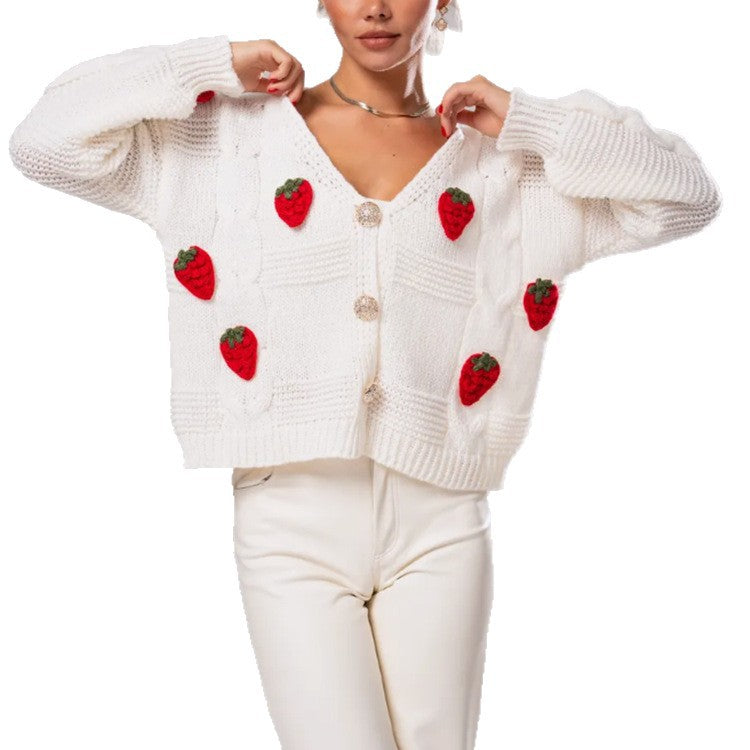 Damernas Lekfull stickad cardigan med körsbär-applikationer Eva Jonsson-Eva Jonsson