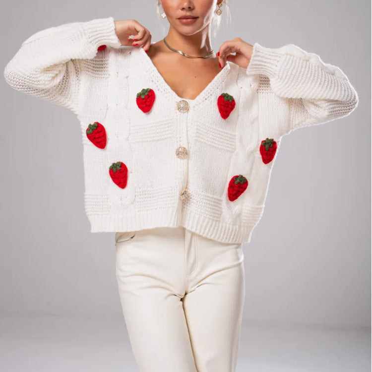 Damernas Lekfull stickad cardigan med körsbär-applikationer Eva Jonsson-Eva Jonsson