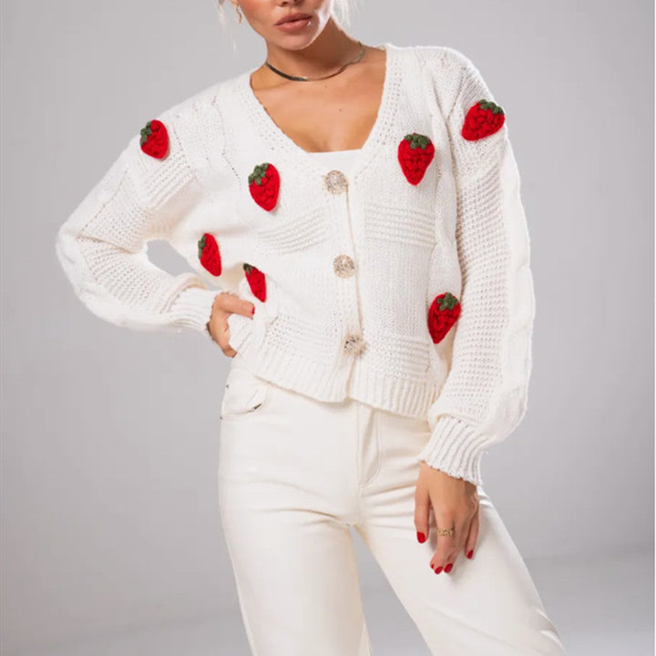 Damernas Lekfull stickad cardigan med körsbär-applikationer Eva Jonsson-Eva Jonsson